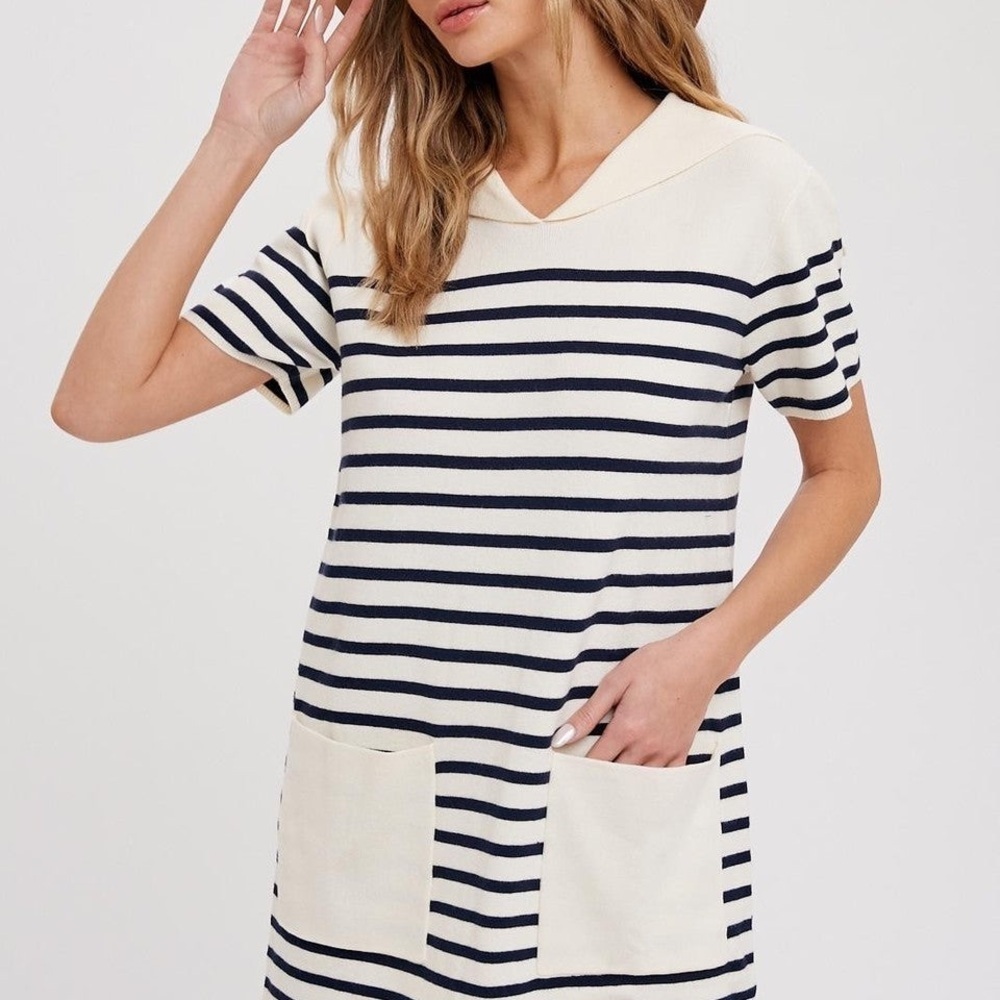 Zara Striped Knit Mini Dress Small Sailor Lapel Collar Pockets Cream Navy Costal - Picture 5 of 16